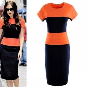 NWT Vintage Round Neck Short Cap Sleeve Color Block Midi Slim Pencil Dress XXL